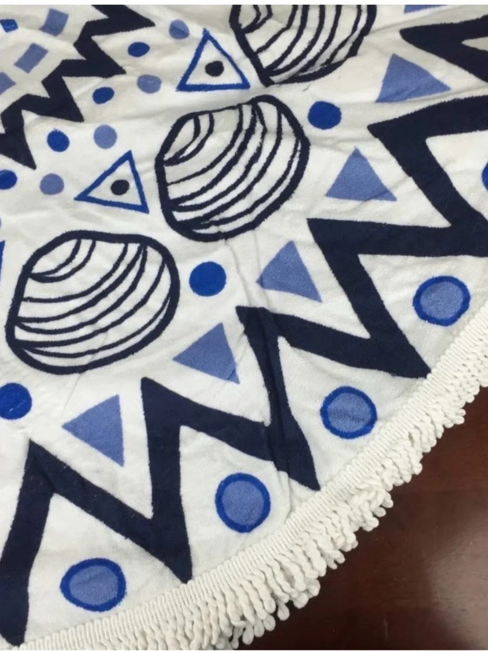 Tofino Chesterman 59” Round Shell-Print Beach Towel in White & Blue